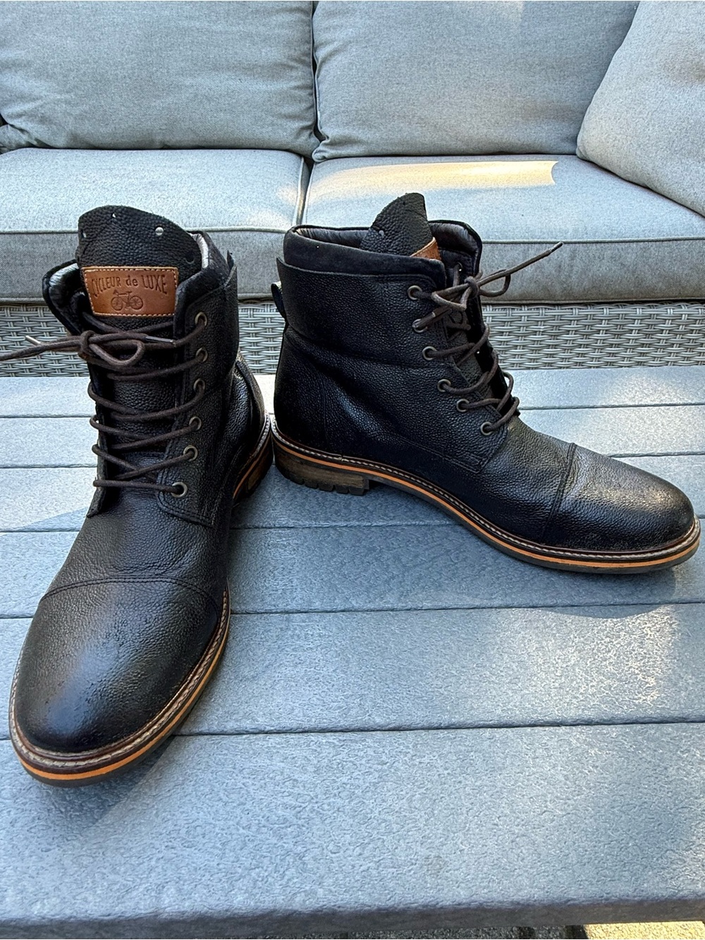 Cycleur de Luxe Black Pebbled Leather Cap Toe Lace Up Combat Utilitarian Boots
